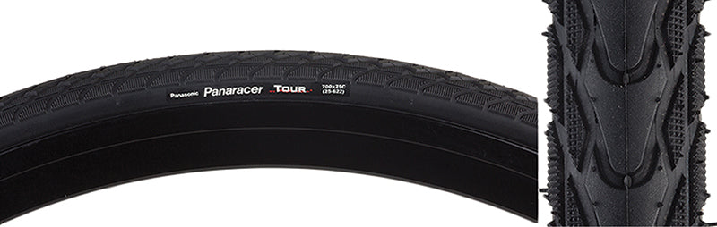 Close-up of the 700x25 Tour Bicycle Tire showcasing its deep tread pattern designed for urban roads.