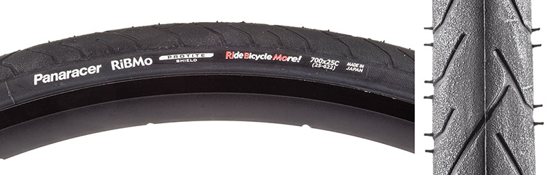 Close-up of the 700x25 Ribmo Wire Bicycle Tire, showcasing its all-contact tread pattern and robust build, designed for urban commuting with advanced puncture protection technology Protite.