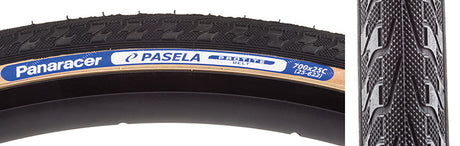 Close-up of a 700x25 Pasela Protite Wire Bicycle Tire, highlighting the detailed tread pattern and robust casing, designed for urban and touring with advanced puncture protection technology.