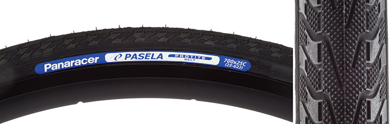 Close-up of the 700x25 Pasela Protite Bicycle Tire showcasing its tread pattern and robust rubber surface, designed for urban or touring with advanced puncture protection technology.