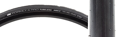 Close-up of a 700x25 Formula Pro Tubeless RBCC Bicycle Tire showcasing its detailed tread pattern designed for high grip and balanced performance.