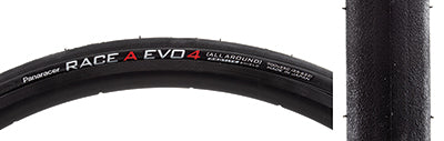 Close-up of a 700x25 Race A Evo4 Bicycle Tire, showcasing its slick tread design, ideal for road racing with ProTite belting and Zero Slip Grip rubber compound.