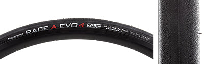 Close-up of a 700x25 Race A Evo4 Tubeless Compatible Bicycle Tire, highlighting its slick tread design and ProTite belting for enhanced durability and road traction.