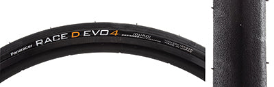 Close-up of the 700x25 Black/Black Race D Evo4 Bicycle Tire, showcasing its slick road racing tread and ProTite belting for durability and enhanced puncture resistance.