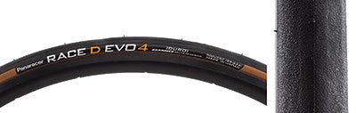 Close-up of a 700x25 Black/Brown Race D Evo4 Bicycle Tire highlighting its slick road racing tread and durable ProTite belting, designed for enhanced puncture resistance and superior road traction.