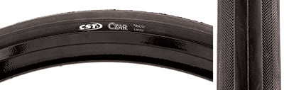 Close-up of the 700x25 Black/Black Czar Bicycle Tire, showcasing its grooved lateral tread for traction and smooth center, designed for racing and training with dual compound and exceptional puncture safety features.