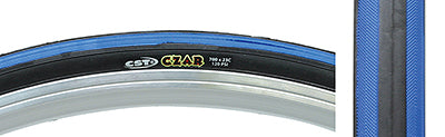 Close-up of a 700x25 Black/Blue Czar Bicycle Tire showcasing grooved lateral tread and smooth center, highlighting its dual compound construction for durability and grip, and an added protective layer for puncture resistance.