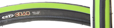 Close-up of the 700x25 Black/Green Czar Bicycle Tire, showcasing its grooved lateral tread and smooth center, designed for enhanced traction and durability with Dual Compound and Exceptional Puncture Safety features.