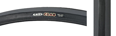 700x25 Czar Fold Bicycle Tire with a smooth center and grooved lateral tread, designed for racing and training, displayed close up to show its durable construction and traction-enhancing features.