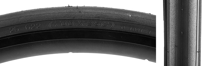 Close-up of a 700x25 Correre Bicycle Tire showcasing its dual compound tread designed for low rolling resistance and increased traction, featuring a smooth racing slick pattern for enhanced control and puncture safety.