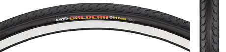 700x25 Caldera Fold Bicycle Tire features a close-up view of a black tire with a white stripe, highlighting its durable tread designed for commuting and training, with enhanced puncture safety.