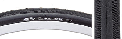 Close-up of the 700x25 Conquistare Bicycle Tire showcasing its slick center design and filed-pattern edges, optimized for low rolling resistance, consistent wear, and enhanced cornering ability.