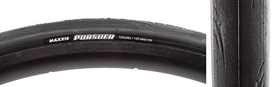 Close-up of the 700x25 Pursuer Bicycle Tire featuring a smooth tread with grooved shoulders, highlighted by the visible white text on the black tire, showcasing Maxxis' high grip compound and puncture-resistant casing.