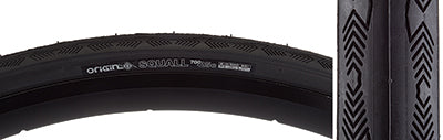 Close-up of the 700x25 Black/Black Squall Bicycle Tire showcasing its detailed tread pattern designed for smooth, fast rolling with added grip for cornering, highlighting the dual compound road formula.