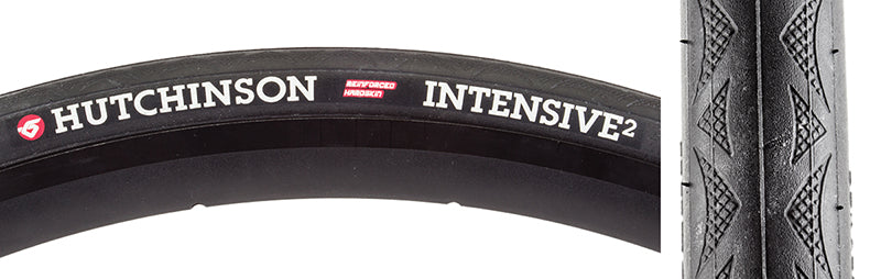 Close-up of the 700x25 Intensive 2 Hardskin Reinforced Bicycle Tire showing its file style tread and durable sidewalls designed to resist cuts and punctures.