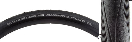 Close-up of the 700x25 Durano Plus Perf Twin SG Wire Bicycle Tire, highlighting its tread pattern and robust construction, designed for enhanced puncture protection with Schwalbe's Smartguard technology.