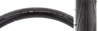 Close-up of the 700x25 Durano Plus Perf Twin SG Fold Bicycle Tire, showcasing its tread pattern and puncture protection features, emphasizing Schwalbe's smart guard technology and additional sidewall rubber coating.