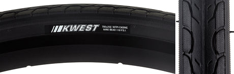 700x25 Kwest Bicycle Tire with smooth rounded tread, large water dispersion grooves for traction, and SRC - Standard Rubber Compound for low rolling resistance and durability. Close-up of tire tread pattern.