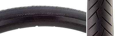 Close-up of a 700x25 Smoothie Bicycle Tire showcasing its smooth round profile with medium depth siping and durable thick rubber casing.