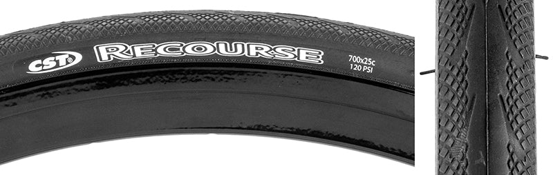 Close-up of the 700x25 Recourse Wire Bicycle Tire, highlighting its detailed tread pattern designed for durability and performance, featuring a dual compound for longevity and a softer gripping corner for better traction.