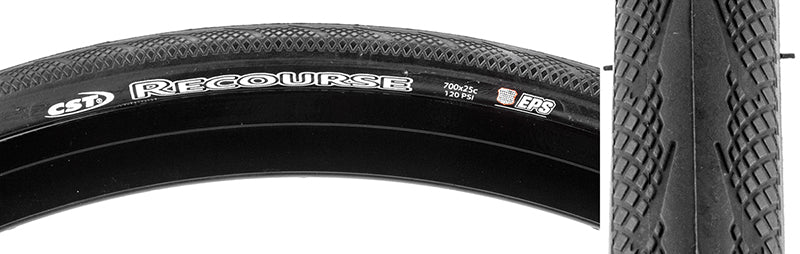 Close-up of the 700x25 Recourse Fold Bicycle Tire, showcasing its tread pattern designed with dual and single compound technology for durability and grip, and an added layer for puncture safety.