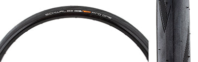 Close-up of the 700x25 Pro One Bicycle Tire featuring a smooth tread with light shoulder siping for enhanced control, showcasing its advanced V-Guard puncture protection and ultra-light Addix Race compound.