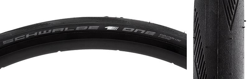 Close-up of the 700x25 One Evolution Lite V-Guard Bicycle Tire, showcasing its smooth tread and high-performance design with a supple casing and triple compound for exceptional traction and puncture resistance.