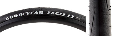 Close-up of the 700x25 Eagle F1 Bicycle Tire showcasing its smooth tread and directional siping on the shoulders, designed for high performance and improved grip on road races.