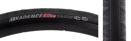 700x25 Reflective Kadence Elite Bicycle Tire featuring a smooth center strip with micro-siped shoulders for better traction, visible reflective sidewall striping, and a black tube with red text.