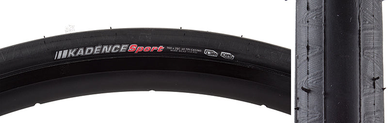 700x25 Reflective Kadence Sport Bicycle Tire, featuring a smooth center strip and micro-siped shoulders for traction, with a reflective sidewall strip for low light visibility.