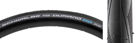 Close-up of the 700x25 Durano DD Perf SS RG Wire Bicycle Tire showcasing its smooth tread, black surface, and Schwalbe logo, highlighting the robust Double Defense puncture protection and RaceGuard technology.