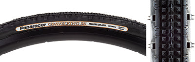 Close-up of the 700x26 Gravel King SK Bicycle Tire showcasing its tread pattern with square knobs and continuous ridges, designed for smooth rolling and excellent grip on rough or gravel roads.