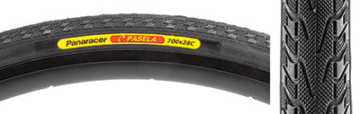 Close-up of a 700x28 Black/Black Pasela Bicycle Tire, showcasing its tread pattern and raised center designed for low rolling resistance, ideal for hybrid commuting.