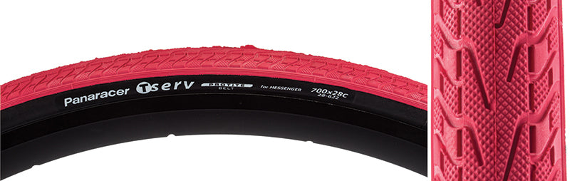 Close-up of the 700x28 Red T-Serv Bicycle Tire highlighting its tread pattern and aramid belt designed to protect against punctures and pinch flats.