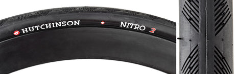 700x28 Nitro 2 Bicycle Tire, a close-up of a black tire with white text, showcasing its tread pattern for all-weather performance on both wet and dry pavements.