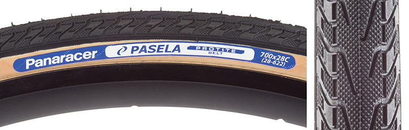 Close-up of the 700x28 Pasela Protite Wire Bicycle Tire, showcasing its detailed tread and durable design, ideal for urban or touring use with advanced puncture protection technology.