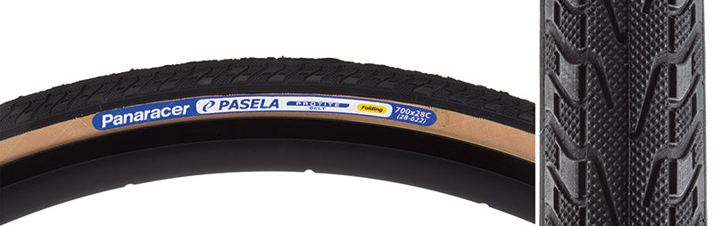 Close-up of the 700x28 Pasela Protite Fold Bicycle Tire showcasing its tread pattern and robust build, ideal for urban or touring rides with advanced puncture protection.