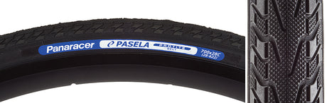 700x28 Pasela Protite Bicycle Tire with close-up of black rubber tread and a blue label, showcasing advanced puncture protection technology for a smooth urban or touring ride.