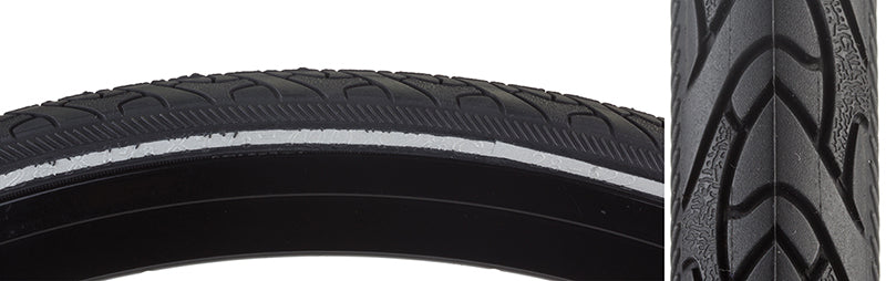 Close-up of the 700x28 Reflective Classic Otis CST1777 Bicycle Tire, showcasing its grooved-slick pattern and shoulder siping designed for increased traction, ideal for urban environments.