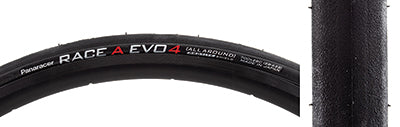 Close-up of a 700x28 Race A Evo4 Bicycle Tire, showcasing its slick road racing tread and durable ProTite belting. Ideal for all-weather conditions and enhanced road traction.