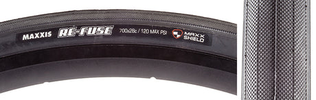 Close-up of the 700x28 Re-Fuse SC/MS Bicycle Tire, highlighting the tire's durable Kevlar belt and silkworm cap ply for puncture resistance, ideal for training with excellent traction and durability.