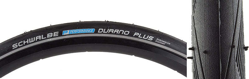 Close-up of the 700x28 Reflective Durano Plus Perf Twin SG Wire Bicycle Tire, showcasing its durable black tread with white text, designed for puncture protection and sidewall reinforcement.