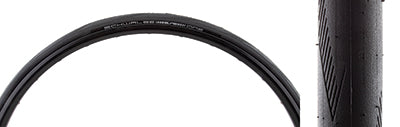 700x28 Black/Black One Raceguard Bicycle Tire featuring smooth tread with siped shoulder grooves, highlighting its durable construction and traction-enhancing design.