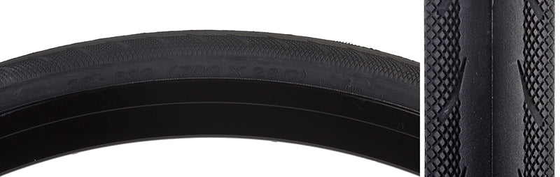 Close-up of the 700x28 Recourse Bicycle Tire, showcasing its black rubber surface designed for road riders, featuring a dual compound for durability and grip, and an added puncture safety layer.