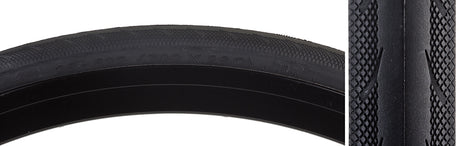 Close-up of the 700x28 Recourse Bicycle Tire, showcasing its black rubber surface designed for road riders, featuring a dual compound for durability and grip, and an added puncture safety layer.