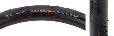 Close-up of the 700x28 Pro One Bicycle Tire, showcasing its smooth tread and light shoulder siping designed for enhanced control, featuring Schwalbe's advanced Addix Race compound for top performance.