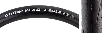 Close-up of the 700x28 Eagle F1 Bicycle Tire showing smooth tread and directional siping on the shoulders, highlighting its high-performance design for road racing with text on the black tire.