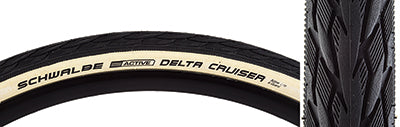 Close-up of the 700x28 Delta Cruiser Active Twin KG Bicycle Tire, highlighting its classic center rib profile and robust tread with K-Guard puncture protection and additional side rubber coating for durability.