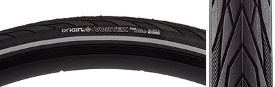 Close-up of the 700x28 Reflective Vortex Bicycle Tire, showcasing its smooth tread with water-evacuating grooves, raised shoulder blocks, and reflective sidewall striping for enhanced visibility.