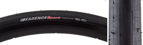 700x28 Reflective Kadence Sport Bicycle Tire: close-up of a black tire with red text and a smooth center strip. Reflective sidewall striping improves visibility. Ideal for performance with enhanced traction and durability.